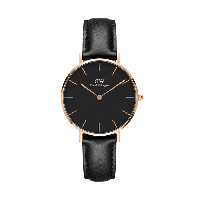 Petite Sheffield rose gold ladies watch with a black leather strap, minimalist black dial, and slim rose gold hands, designed for everyday wear and versatile styling.