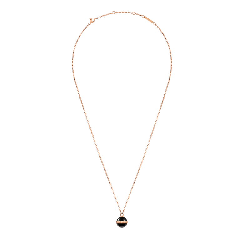 Aspiration Necklace Rose Gold Black featuring an adjustable rose gold chain and a spherical black ceramic pendant with a rose gold plated band, designed for a contemporary and elegant finish.