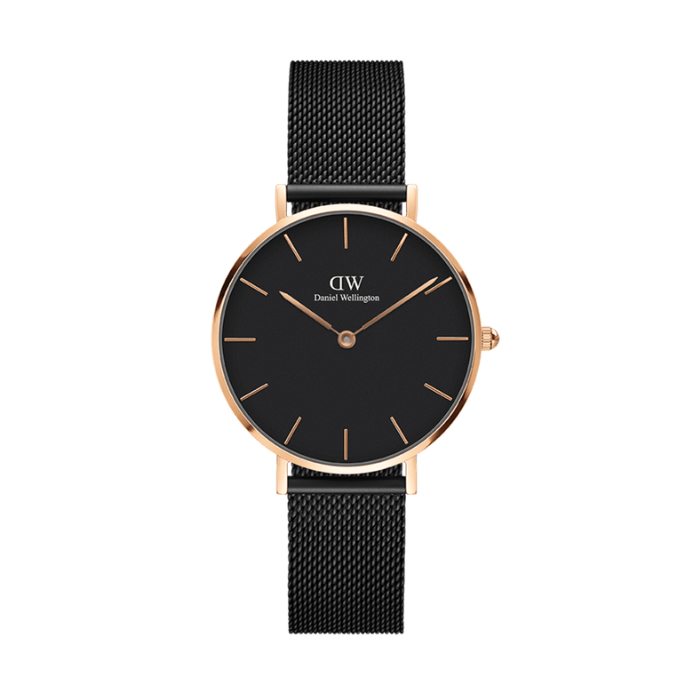 Petite Ashfield Rose Gold ladies watch with a slim rose gold case, minimalist black dial, and adjustable black mesh strap, designed for everyday comfort and modern elegance.