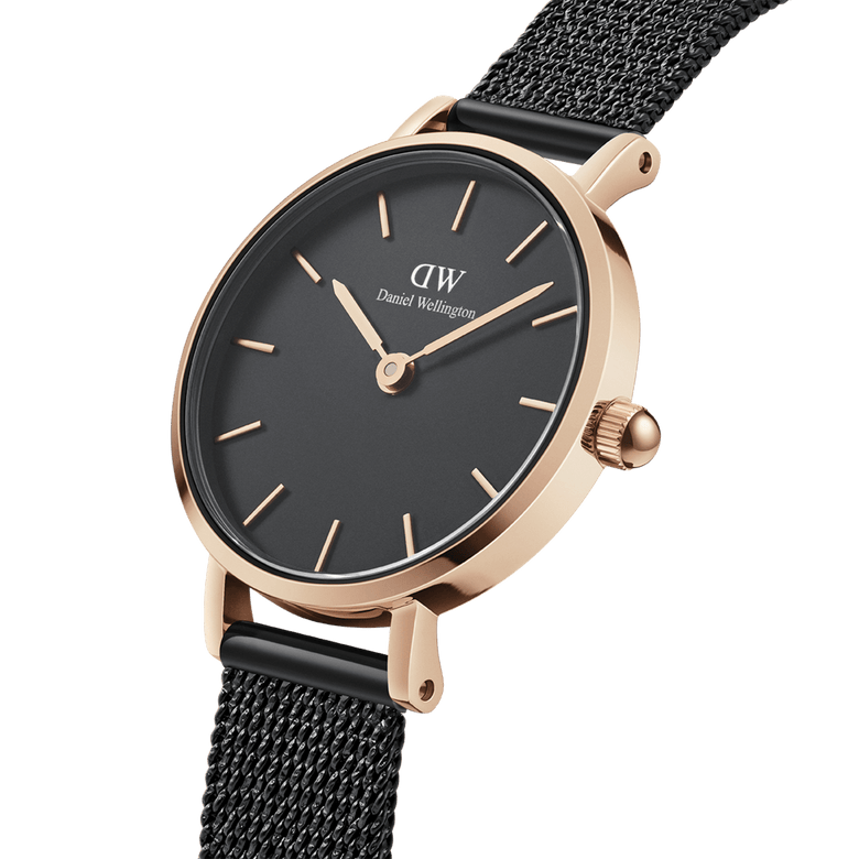Petite Pressed Ashfield ladies watch featuring a rose gold case, minimalist black dial, and slim black mesh strap, ideal for small wrists and everyday elegance.