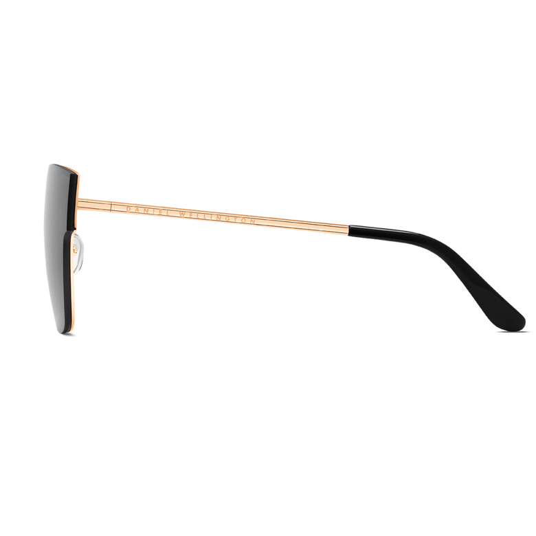 Steel Grande Rose Gold sunglasses with a slim rose gold plated stainless steel arm, black acetate temple tip, and oversized black lens, showcasing the elegant modern classic design.