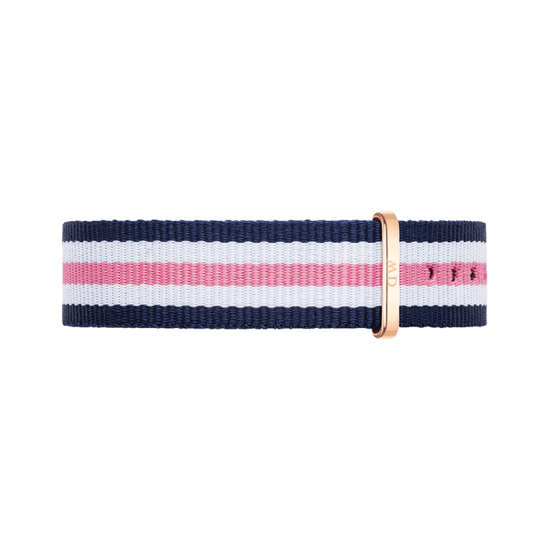 Classic Southampton interchangeable NATO strap in navy, pink, and white stripes with a rose gold buckle, designed for a comfortable and adjustable fit.