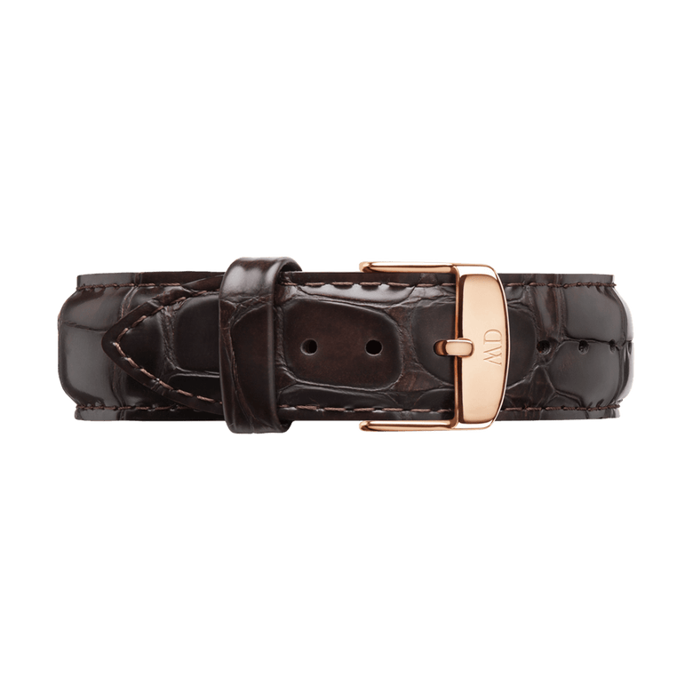 Classic York Rose Gold dark brown croc-embossed genuine leather watch strap with a polished rose gold buckle, designed for comfort and adjustable fit.