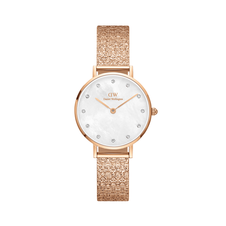 Petite Lumine Pressed Piano White MoP Rose Gold ladies watch with a slim rose gold pressed piano link strap, white mother of pearl dial, and crystal hour markers for a refined, elegant look.