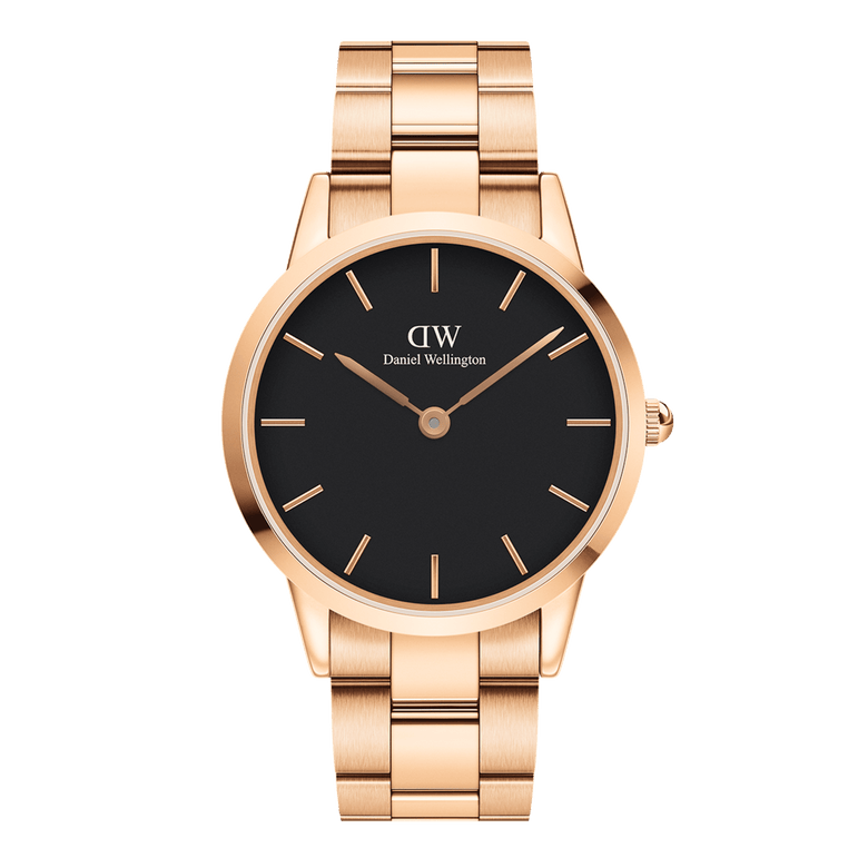 Daniel Wellington Iconic Link Black Rose Gold wristwatch with a sleek black dial, minimalist rose gold hour markers, and a polished rose gold stainless steel bracelet strap.