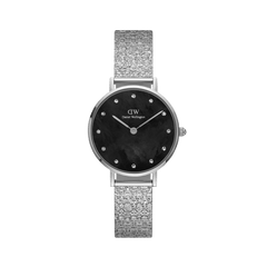 Daniel Wellington Petite Lumine Pressed Piano Black MoP Silver watch with a 28mm stainless steel mesh-inspired strap, featuring an iridescent black mother of pearl dial and crystal hour markers for a refined, modern look.