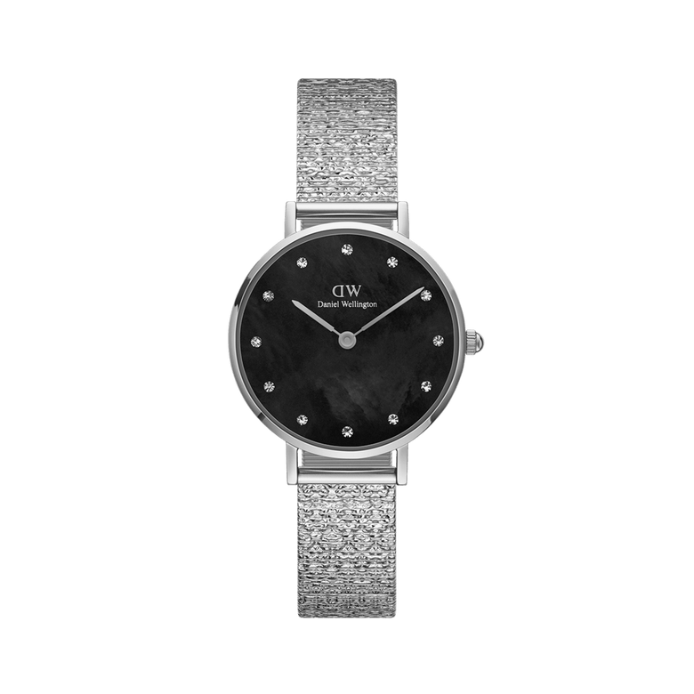 Daniel Wellington Petite Lumine Pressed Piano Black MoP Silver watch with a 28mm stainless steel mesh-inspired strap, featuring an iridescent black mother of pearl dial and crystal hour markers for a refined, modern look.