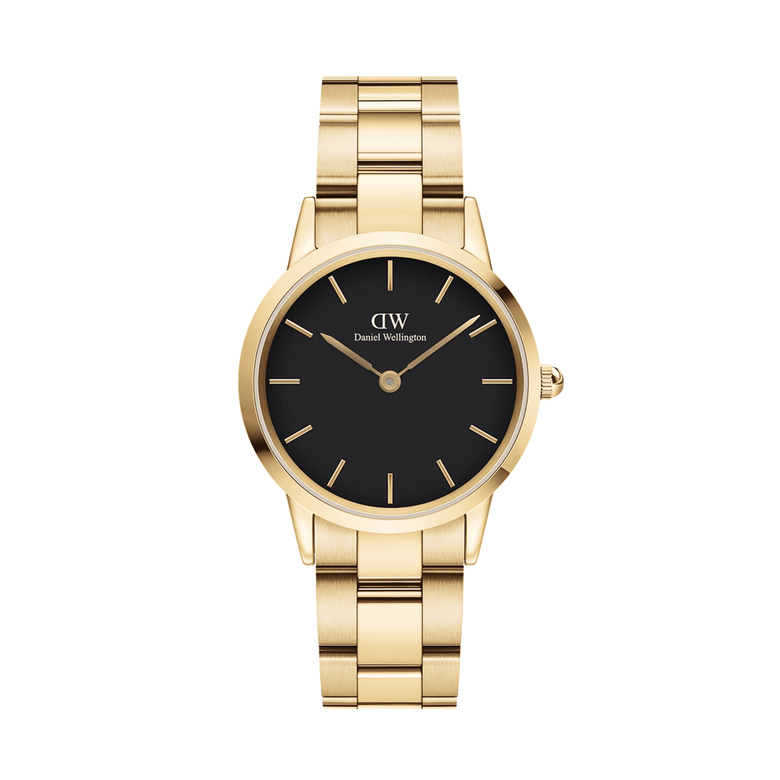 Daniel Wellington Iconic Link Black Gold watch featuring a minimalist black dial, slim gold hour markers, and a polished gold stainless steel link bracelet.
