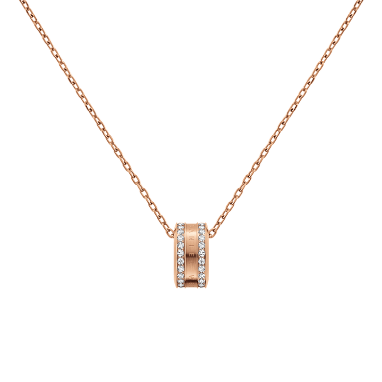 Rose gold Elan Lumine Necklace with a round pendant featuring crystal-lined edges and engraved detailing, suspended on a fine adjustable chain for a sophisticated finish.