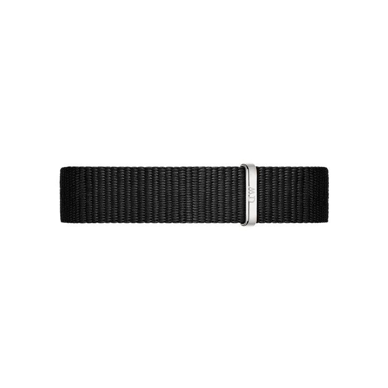 Black NATO watch strap with a silver buckle, designed for the Petite Cornwall Black Silver, offering a comfortable and adjustable fit for smaller wrists.
