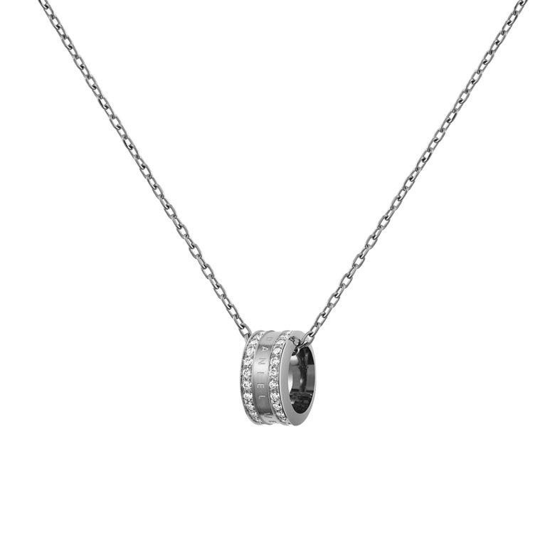 Silver necklace featuring a delicate chain and a round pendant set with sparkling crystals, showcasing a polished finish and minimalist design.