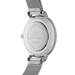 Back view of the Petite Lumine Pressed Piano Black MoP Silver watch showing the engraved stainless steel case and adjustable mesh-inspired Studio Strap, highlighting the quality craftsmanship and secure fit.
