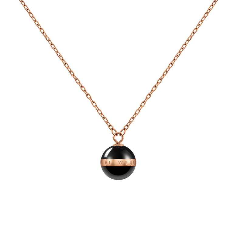 Rose gold chain necklace featuring a polished black ceramic pendant with a rose gold plated band, showcasing a minimal and modern design ideal for both everyday wear and special occasions.