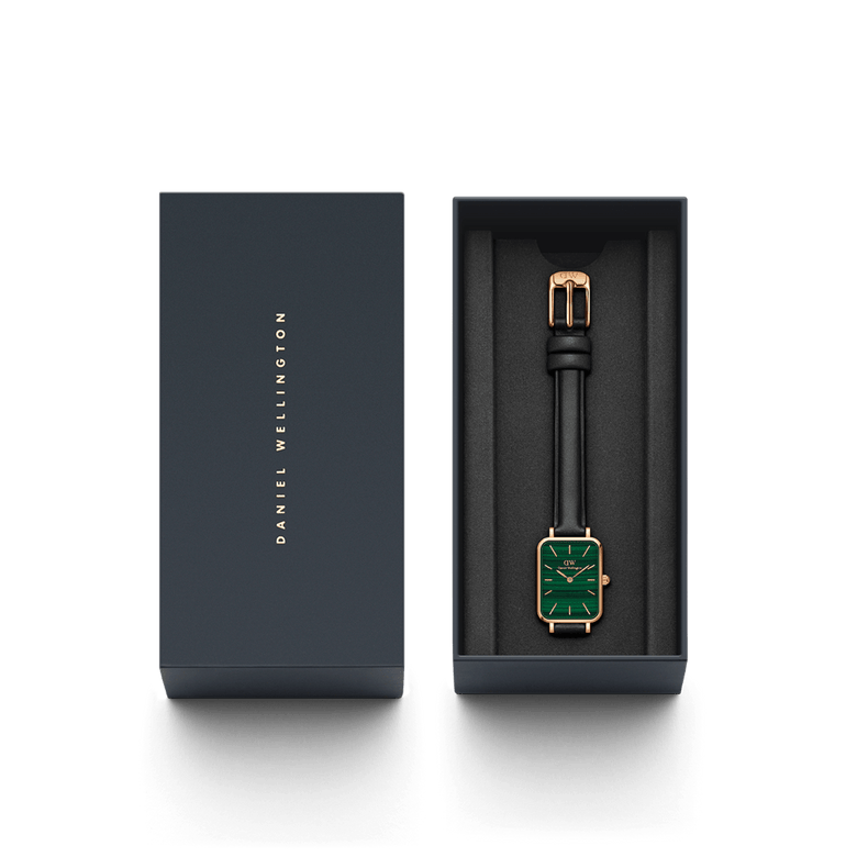 Quadro Pressed Sheffield Green Rose Gold presented in a sleek Daniel Wellington gift box, featuring a rectangular green dial, rose gold case, and black leather strap, ideal for gifting or everyday elegance.