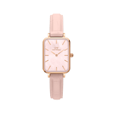 Quadro Pressed Rouge ladies watch featuring a slim rectangular rose gold case, pink mother of pearl dial, and a nude pink croc-pattern leather strap.