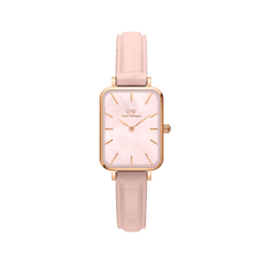 Quadro Pressed Rouge ladies watch featuring a slim rectangular rose gold case, pink mother of pearl dial, and a nude pink croc-pattern leather strap.