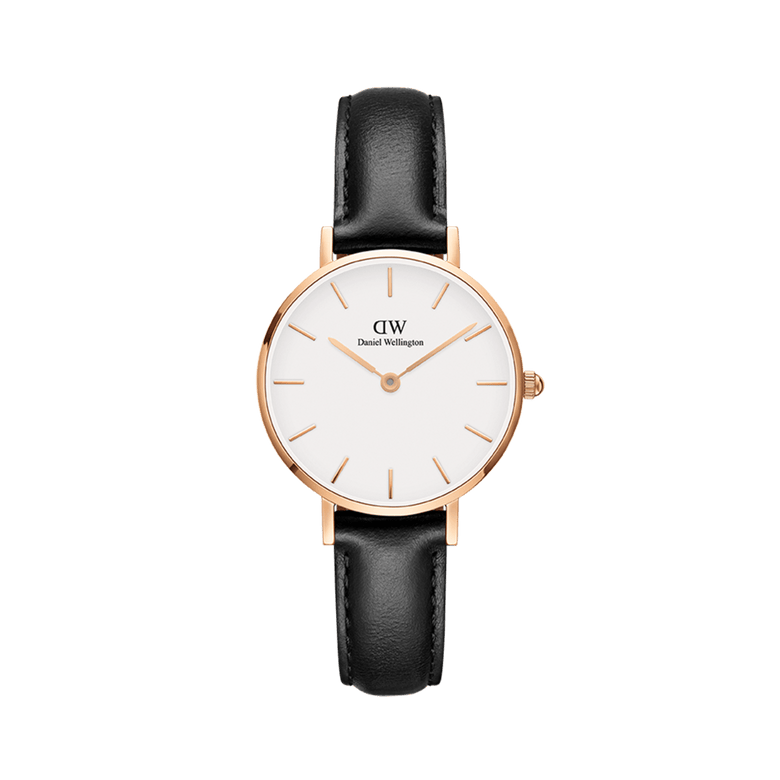 Petite Sheffield Rose Gold ladies watch featuring a rose gold stainless steel case, minimalist white dial, and a genuine black leather strap with rose gold detailing.