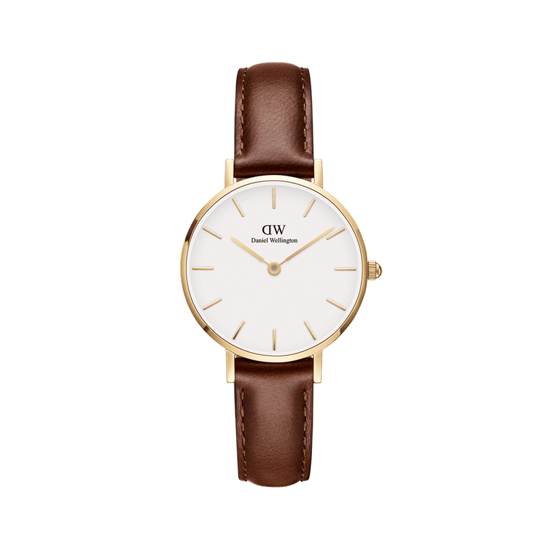 Petite St Mawes Gold showcases a slim gold-plated case, minimalist white dial, and a genuine brown leather strap, offering a classic and elegant gold watch for women.