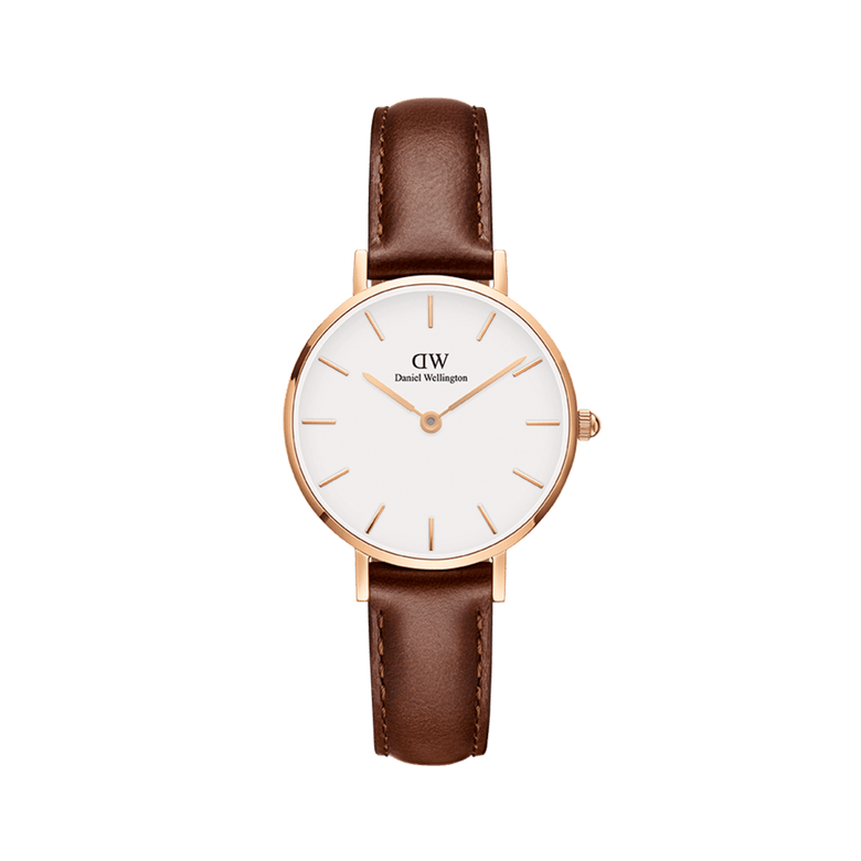 Petite St Mawes women’s watch featuring a rose gold-plated case, minimalist white dial, and slim brown genuine leather strap, designed for a comfortable and elegant fit on petite wrists.