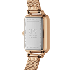 Back view of the Quadro Pressed Melrose Pink MoP Rose Gold watch showing the stainless steel case, engraved details, and rose gold mesh strap with adjustable clasp.