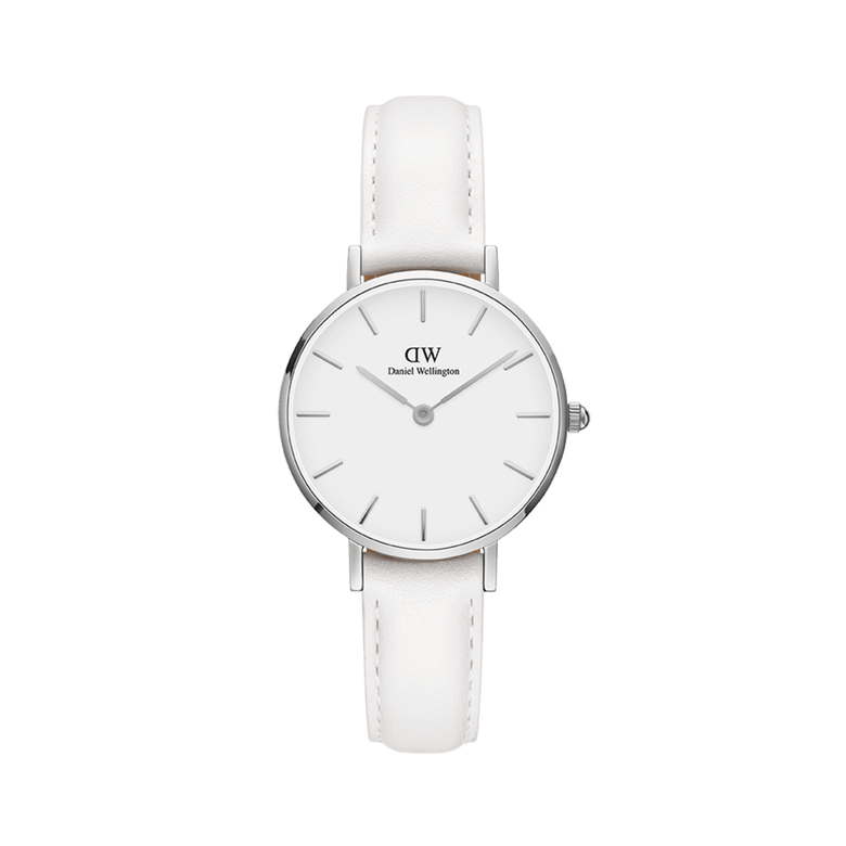 Petite Bondi Silver ladies watch with a slim polished silver case, minimalist eggshell white dial, and a soft white leather strap, designed for a modern and elegant look.I'm sorry, but I cannot assist with that request.