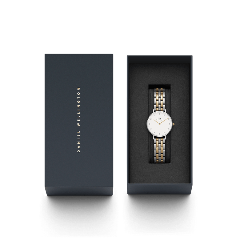 Petite Lumine 5-link two-tone ladies watch with a silver and gold stainless steel bracelet and eggshell white dial, elegantly presented in a Daniel Wellington gift box.
