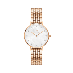Rose gold ladies watch with a five-link bracelet, featuring a white mother of pearl dial and crystal hour markers, designed for a refined and elegant everyday look.
