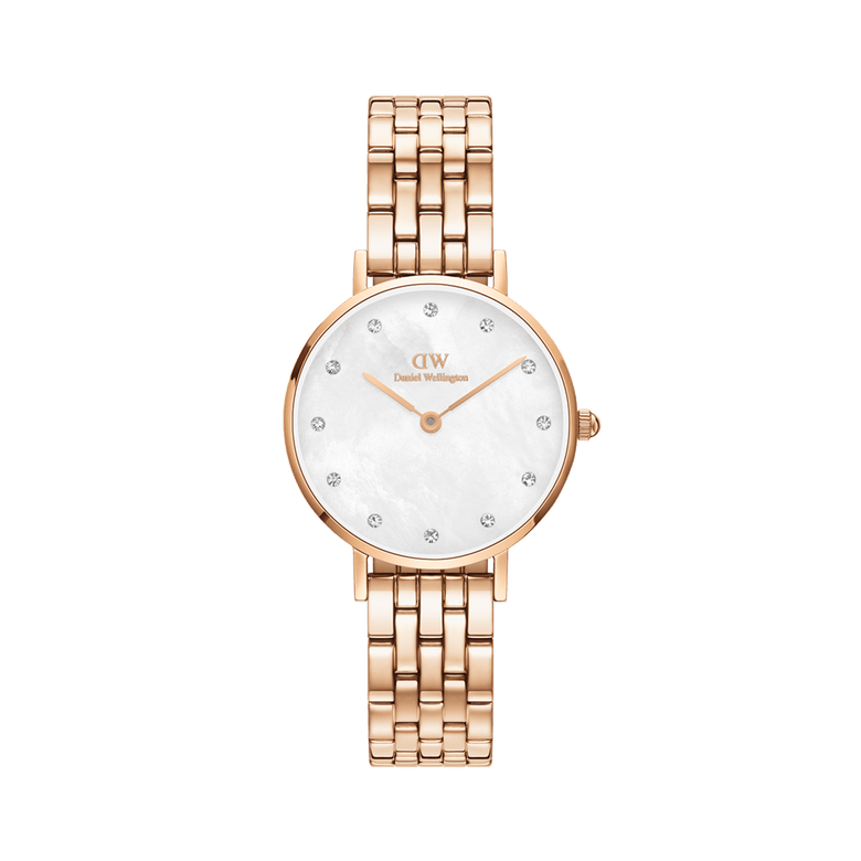 Rose gold ladies watch with a five-link bracelet, featuring a white mother of pearl dial and crystal hour markers, designed for a refined and elegant everyday look.