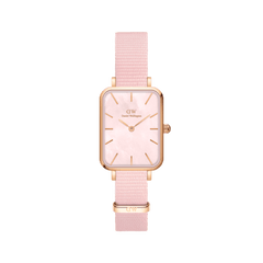 Quadro Coral Pink MoP Rose Gold watch with a slim rectangular rose gold case, pink mother of pearl dial, minimalist hour markers, and a soft pink NATO strap, designed for women seeking a refined and versatile accessory.