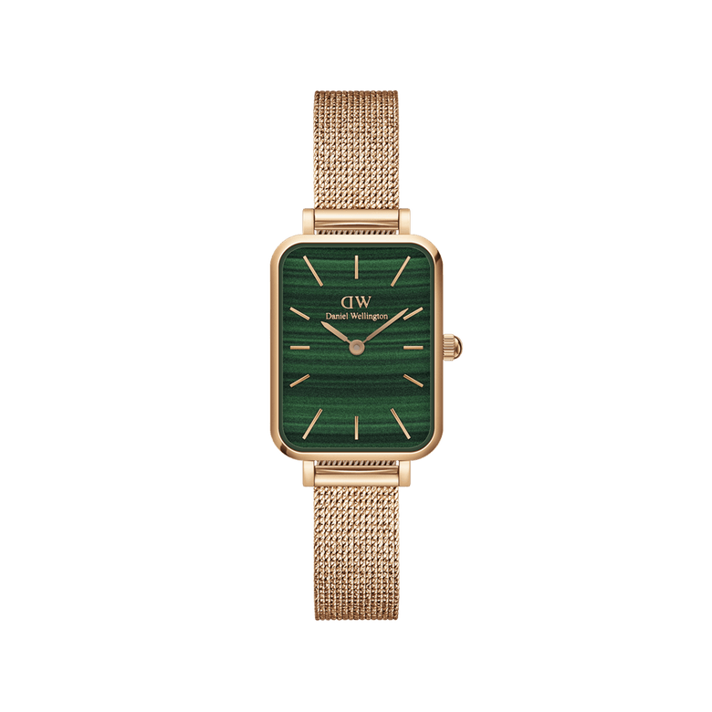 Quadro Pressed Melrose Green Rose Gold women’s watch featuring a slim rectangular case, deep green dial, and adjustable rose gold mesh bracelet, designed for everyday elegance and comfort.
