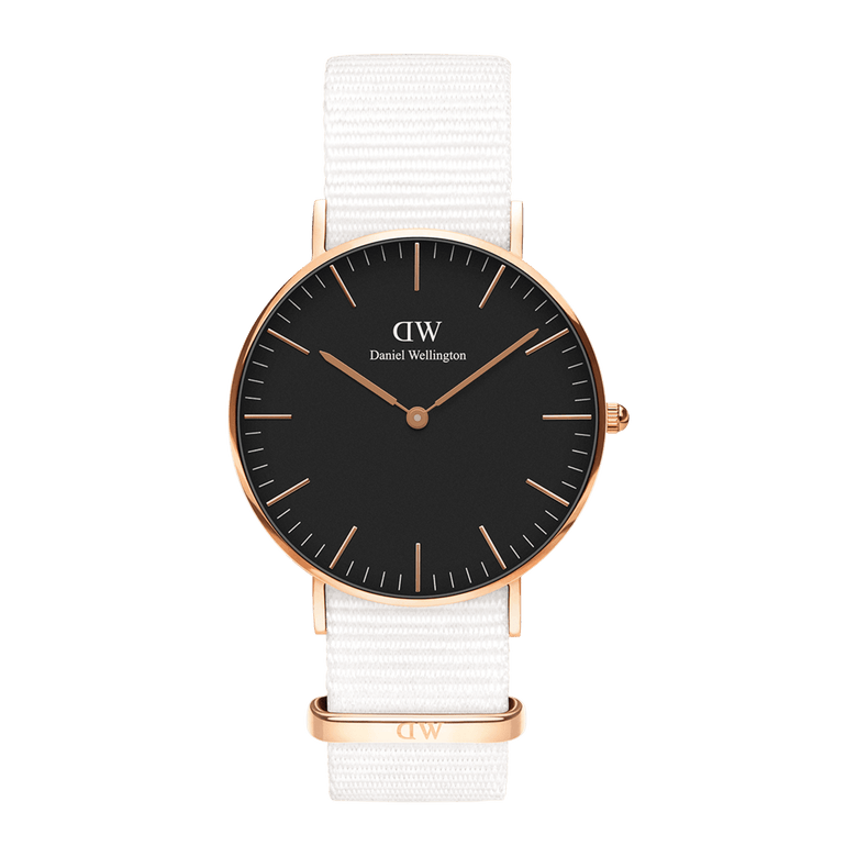 Classic Dover Black Rose Gold watch with a minimalist black dial, rose gold case, and crisp white NATO strap, showcasing a refined and versatile design suitable for both men and women.