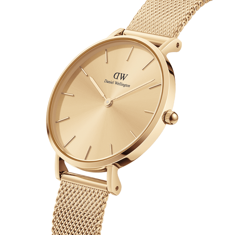 Petite Unitone Gold watch with a polished gold stainless steel case, minimalist dial, and adjustable gold mesh strap, shown in a close-up angle highlighting its refined detailing.