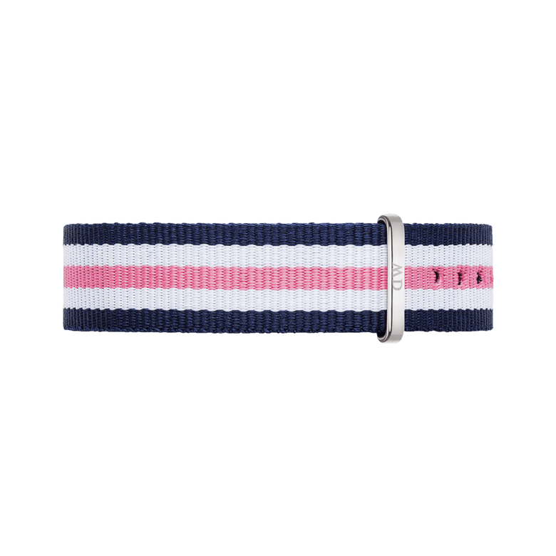 Classic Southampton Silver NATO strap in durable fabric, featuring bold blue, pink, and white stripes with a polished silver buckle. This interchangeable 18mm strap adds a fresh, preppy look to your Daniel Wellington watch.