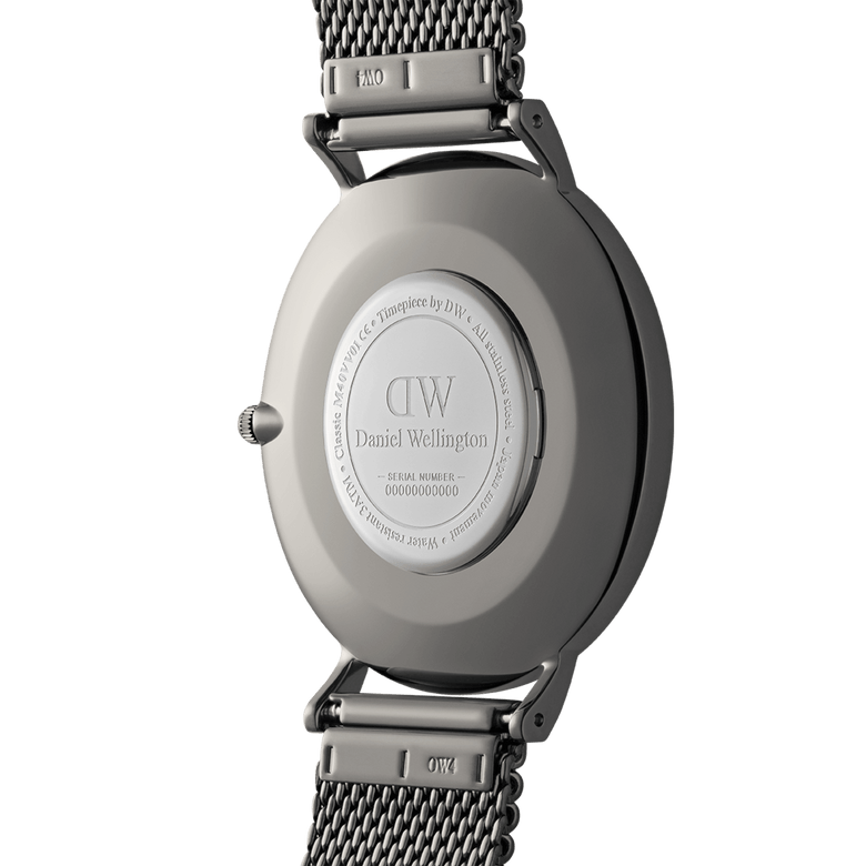 Back view of the Classic Mesh Graphite watch showing the engraved case back, mesh stainless steel strap, and secure spring bar connectors for easy strap changes.