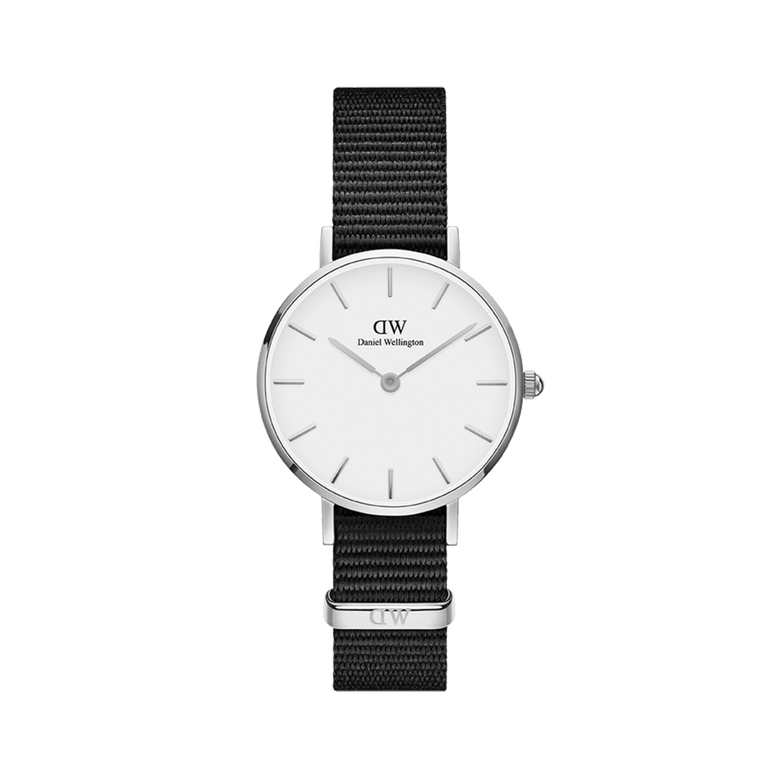 Petite Cornwall Silver ladies watch featuring a slim silver case, minimalist eggshell white dial, and an adjustable black NATO fabric strap, designed for a comfortable fit on petite wrists.