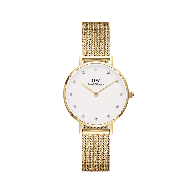 Petite Lumine Pressed Evergold gold mesh strap watch with an eggshell white dial, crystal hour markers, and minimalist design, ideal for women seeking a refined and versatile accessory.