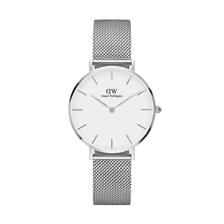 Petite Sterling Silver watch with a round white dial and slim stainless steel mesh strap, featuring minimalist hour markers and a refined silver finish.