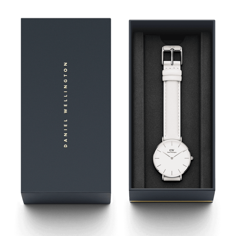 Petite Bondi Silver ladies watch with an eggshell white dial and polished silver case, presented in a sleek Daniel Wellington gift box with a white leather strap.