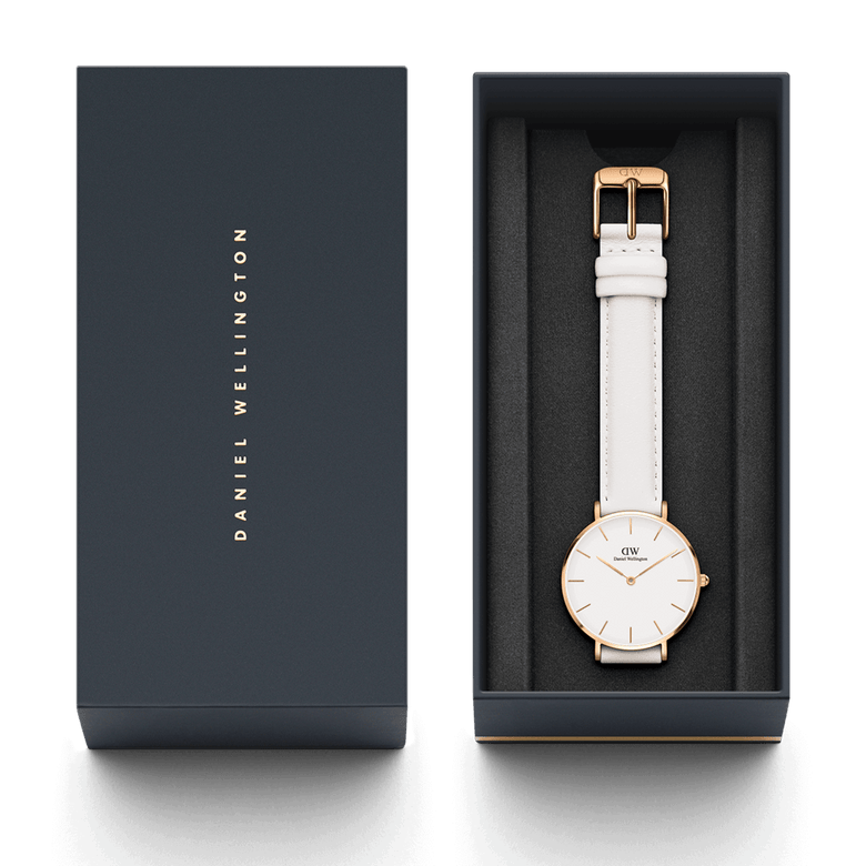 Petite Bondi Rose Gold ladies watch with a white leather strap and rose gold case, elegantly presented in a Daniel Wellington branded gift box.
