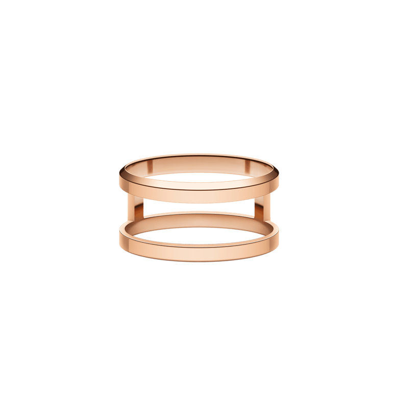 Elan Dual Ring Rose Gold featuring a double-band silhouette with minimalist lines, crafted from stainless steel and finished in warm rose gold.