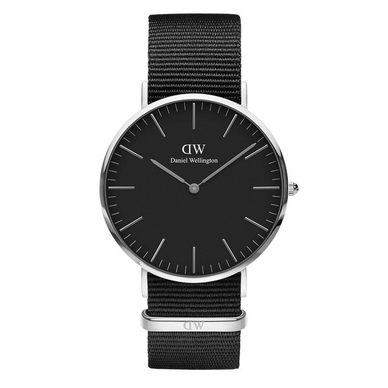 Classic Cornwall Black Silver watch featuring a slim silver case, minimalist black dial, and adjustable black NATO strap, designed for versatile everyday wear.