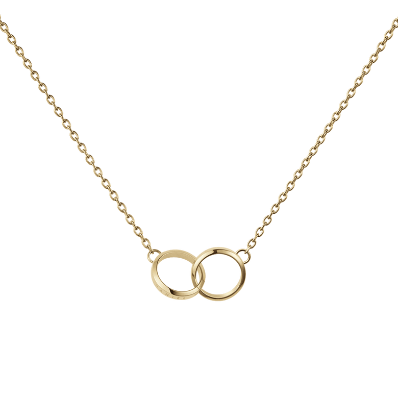 Gold necklace featuring two interlocked rings on a fine chain, showcasing a minimalist and polished design ideal for everyday wear or layering.