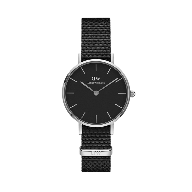Petite Cornwall Black Silver watch with a black dial, silver case, and all-black NATO strap, featuring minimalist hour markers and a slim, elegant design suitable for everyday wear.