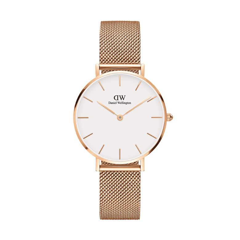 Petite Melrose Rose Gold watch with a minimalist eggshell white dial and a slim rose gold mesh strap, featuring simple hour markers and a refined, modern design ideal for everyday wear.