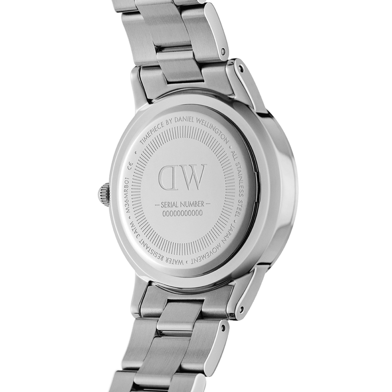 Back view of the Iconic Link Mint Silver ladies watch, showing the engraved stainless steel case, serial number, and durable bracelet links.