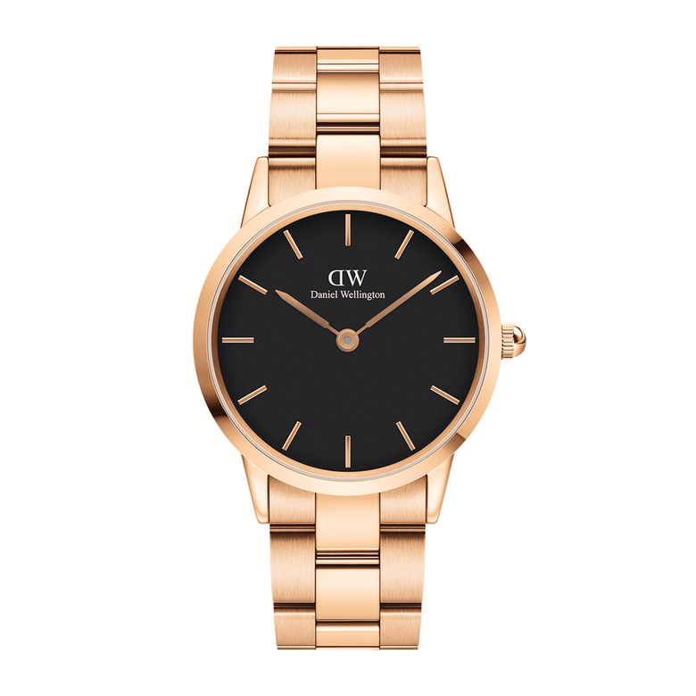 Rose gold Daniel Wellington Iconic Link Black watch featuring a minimalist black dial, slim rose gold hour markers, and a polished stainless steel bracelet strap.