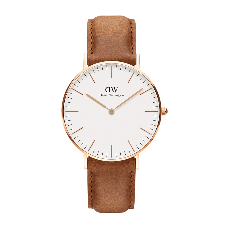 Classic Durham Rose Gold watch with a rose gold case, eggshell white dial, rose gold hands, and a light brown leather strap, showcasing minimalist design and timeless elegance.