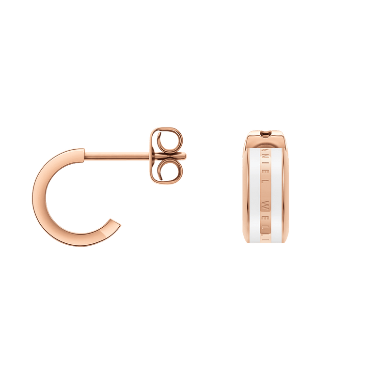 Emalie Earrings Rose Gold Satin White shown in a classic huggie style, featuring a rose gold finish with a satin white enamel stripe and engraved branding, displayed from side and front angles.