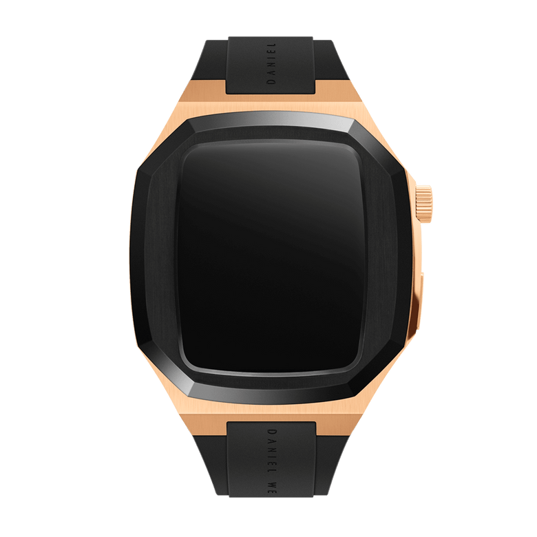 Switch Rose Gold Apple Watch case in brushed rose gold stainless steel with a bold black bezel and integrated black FKM rubber strap, designed for the 40mm Apple Watch Series 6, 5, 4, and SE.