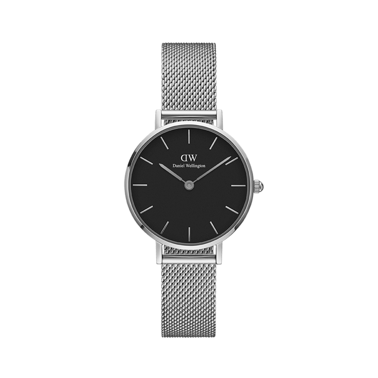 Petite Sterling Black Silver features a slim stainless steel mesh strap, a minimalist black dial, and a polished silver case, ideal for women seeking a comfortable and elegant silver watch for small wrists.